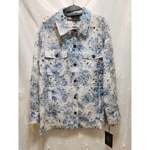 Kathy Ireland Womens Blue White XL Shacket Open Eyelet Embroided Tie Dye Airy